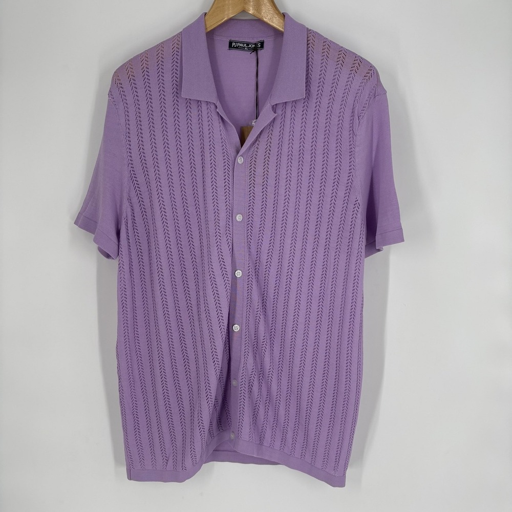 PJ Paul Jones Sweater Mens XL Purple Open Knit Button Cardigan Short Sleeve‎